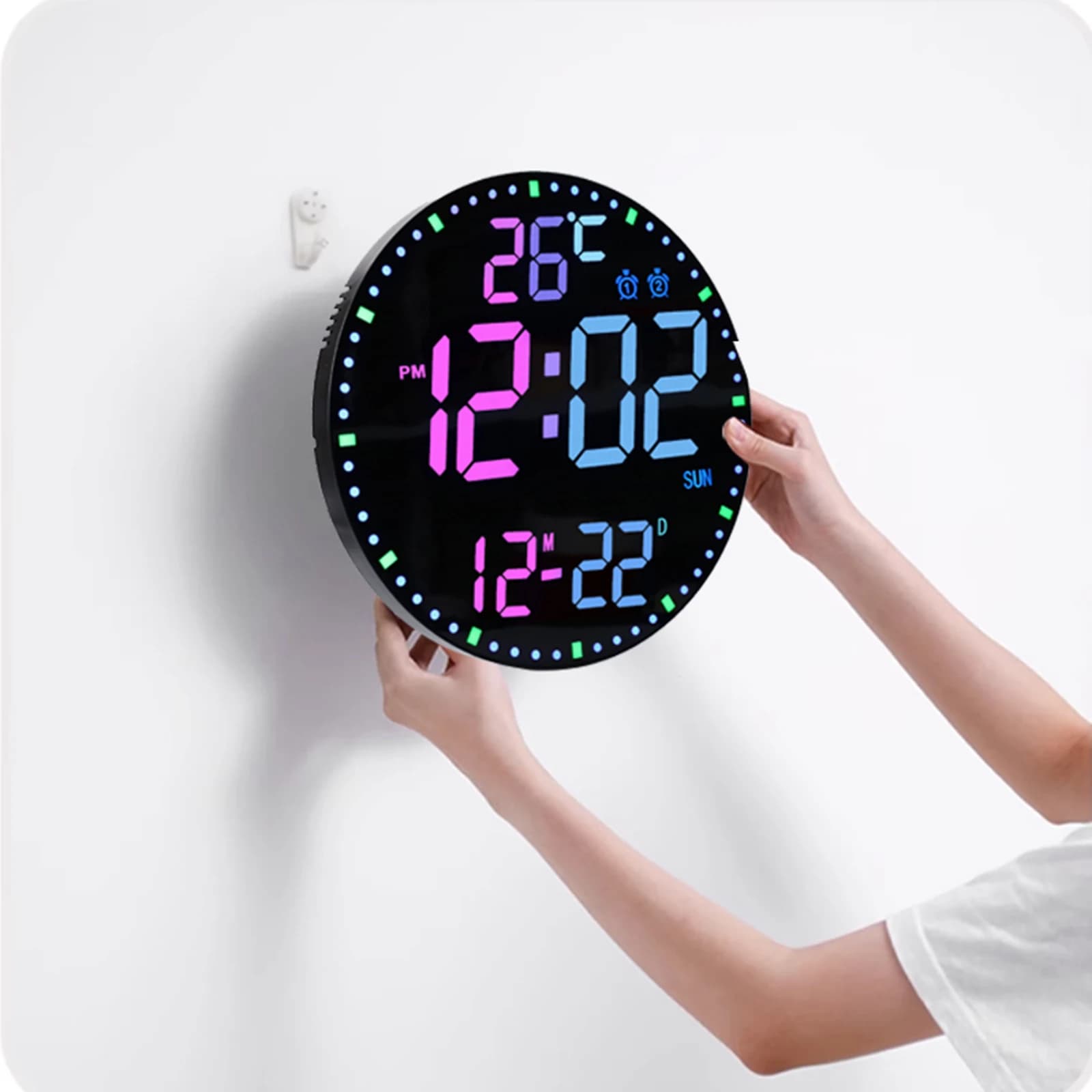 Wall clock with RGB LED display Alarm clock with 11 inch time calendar temperature for heavy dorm with remote control for home