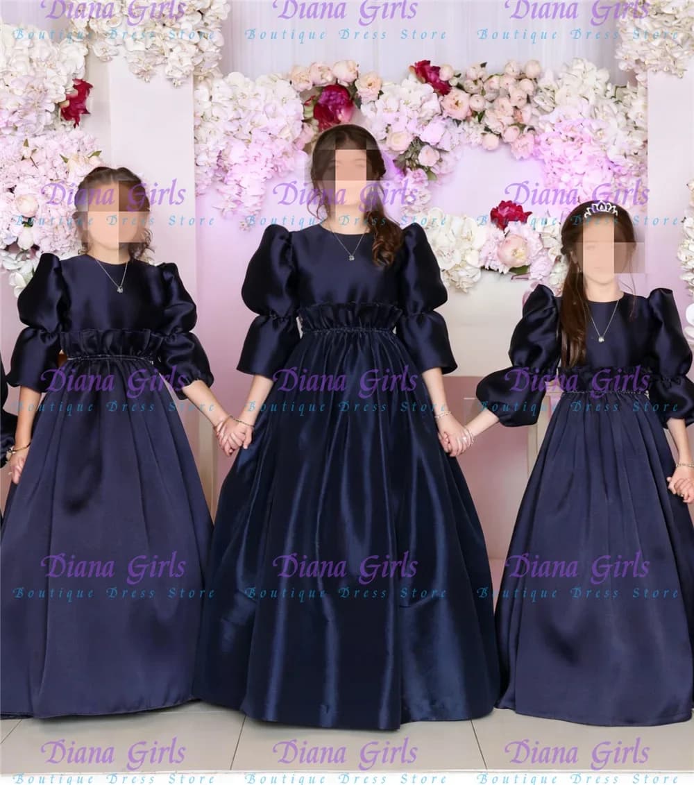 Elegante abito da ragazza di fiori per prima comunione Abiti da sera per battesimo con ballo di compleanno per bambine a vita alta in raso blu navy