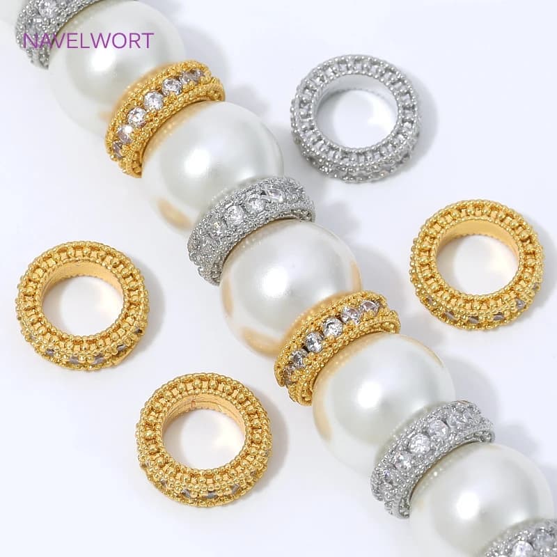18K Gold Plated Round Spacer Beads,Large Hole Beads Separator,With Zircon Decorative Beads For Bracelet Making,DIY Accessories