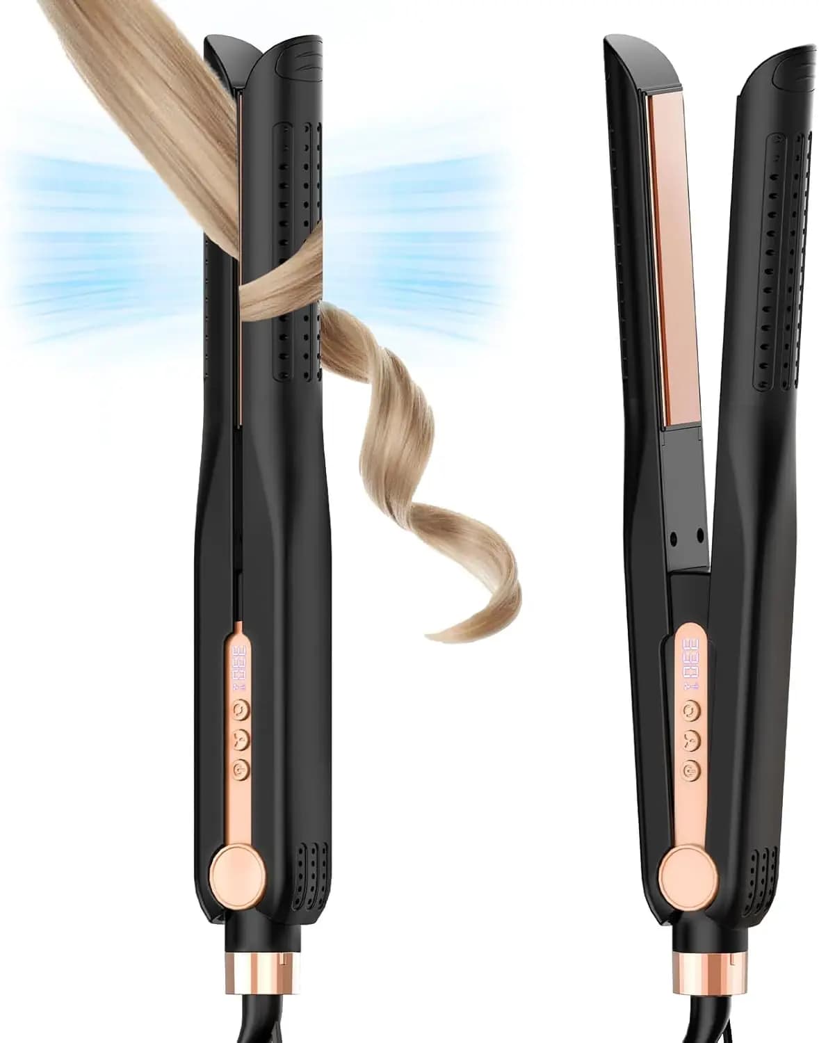Styler Airflow: Titanium plate and curler with Cooling Fan, 5 Temperatures, Double Voltage, Automatic Shutdown (Black/Champagne)