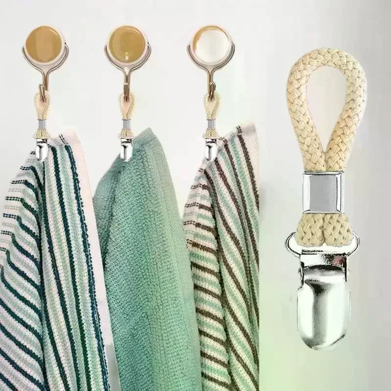 Clip per asciugamani da bagno, appendiabiti multiuso intrecciato, clip per asciugamani in cotone con anello, morsetto in metallo per cucina e casa