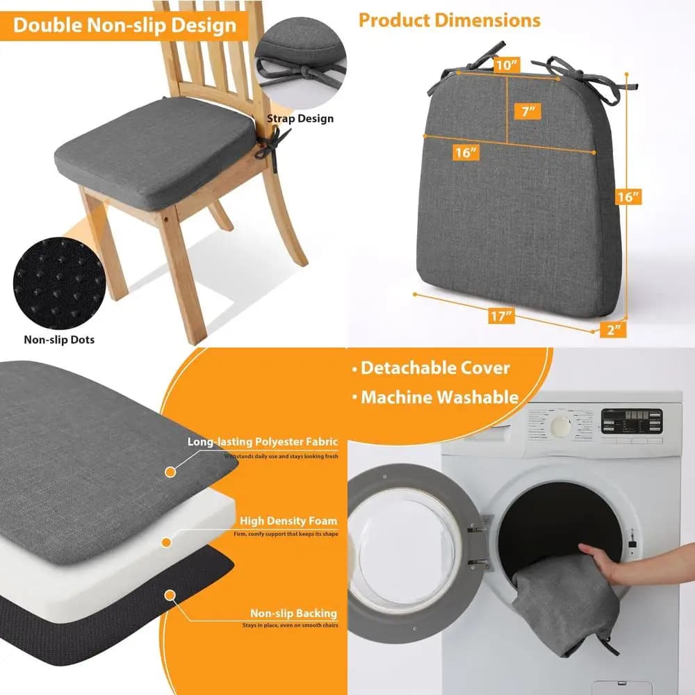 Set di 6 Cuscini per Sedie da Cucina Grigi 17x16 con Rivestimenti Lavabili e Base Antiscivolo