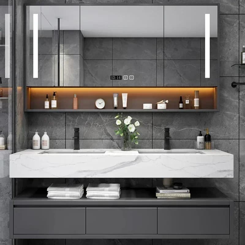 Mobile bagno di lusso con lavabo doppio, mobiletto contenitore, base lavabo chiusa, scaffale WC, mobile da terra, mobile cucina con cassetti in legno