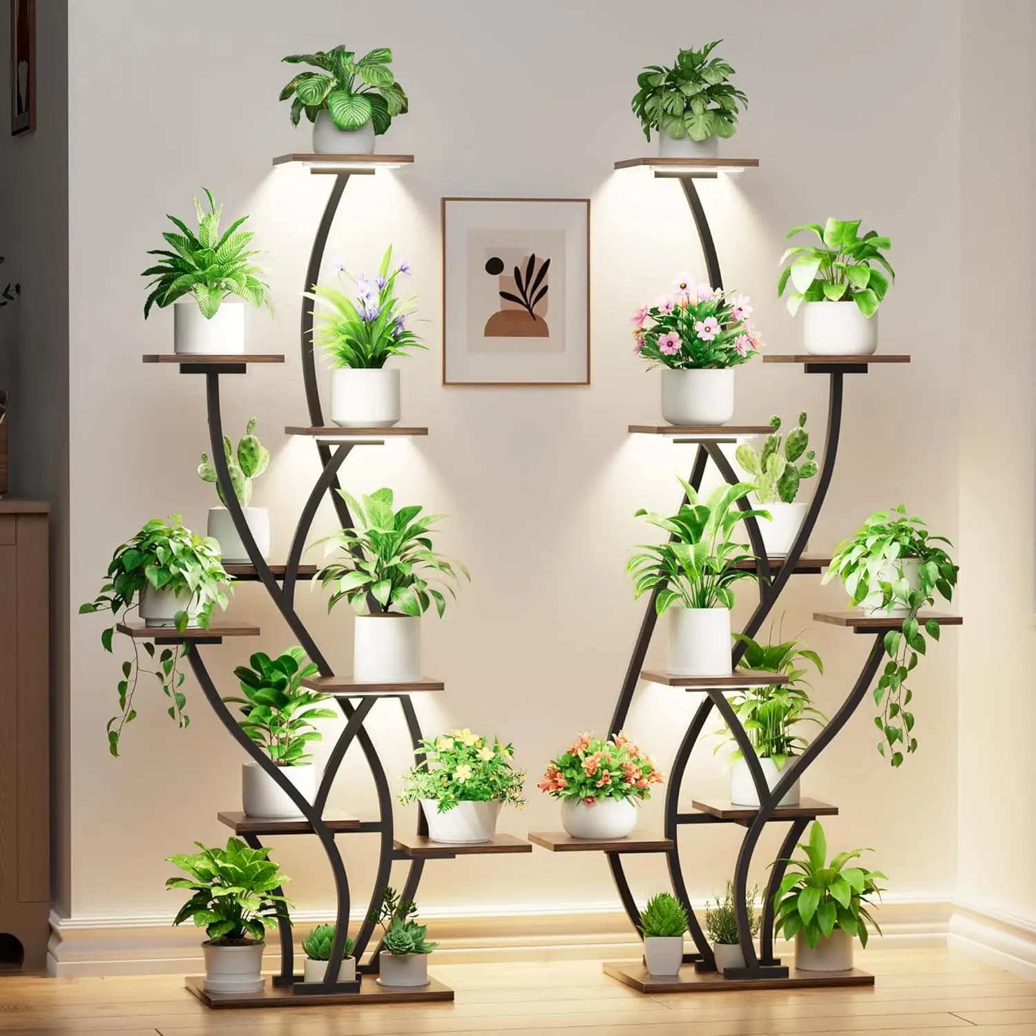 Supporto per Piante a 9 Livelli da 61 Pollici con Luci di Coltivazione, Set da 2 Scaffali Angolari per Piante da Interno, Porta Fiori Alto in Metallo per Soggiorno, Nero