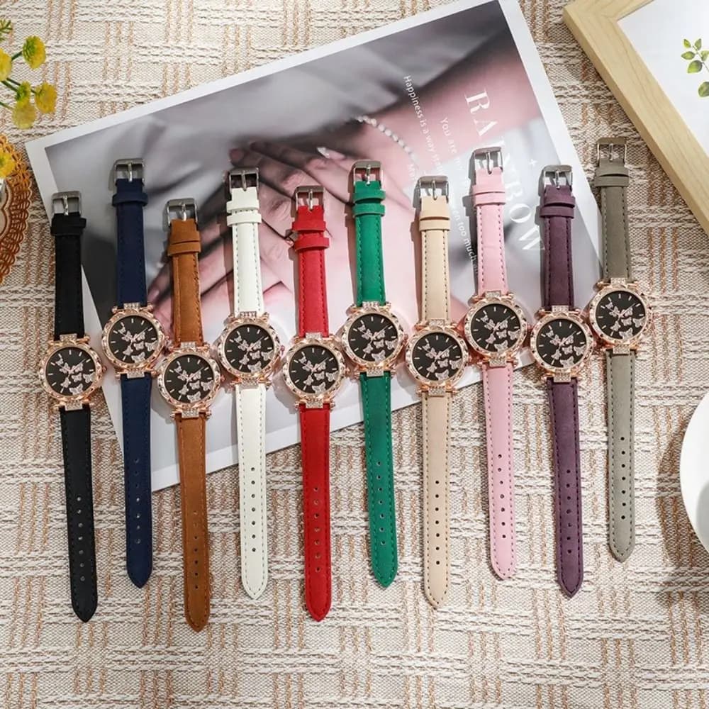 Orologi da donna in pelle alla moda con quadrante a farfalla con strass, orologio al quarzo, regalo