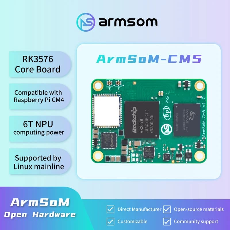 ArmSoM-CM5 development card, Rockchip RK3576, 4GB RAM, 32GB eMMC, LPDDR5, WiFi, Bluetooth - Replacement of Raspberry Pi CM4