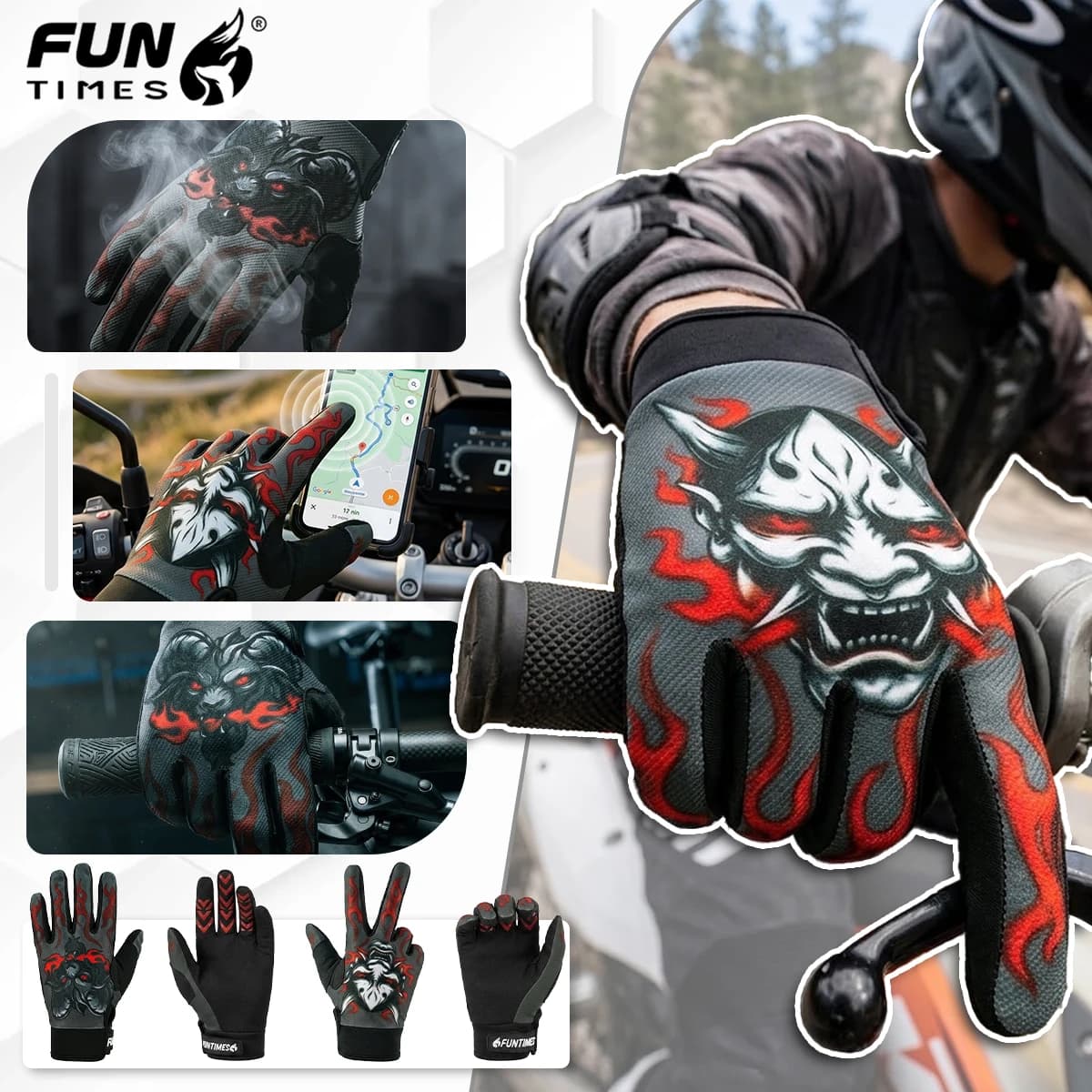 FUNTIMES Devil face printed motorcycle gloves for men with full finger touch screen and breathable outdoor sports riding gloves