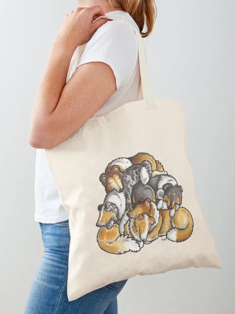 Tote bag in canvas with cartoon print of sleeping wild collie, customizable, ecological, excellent