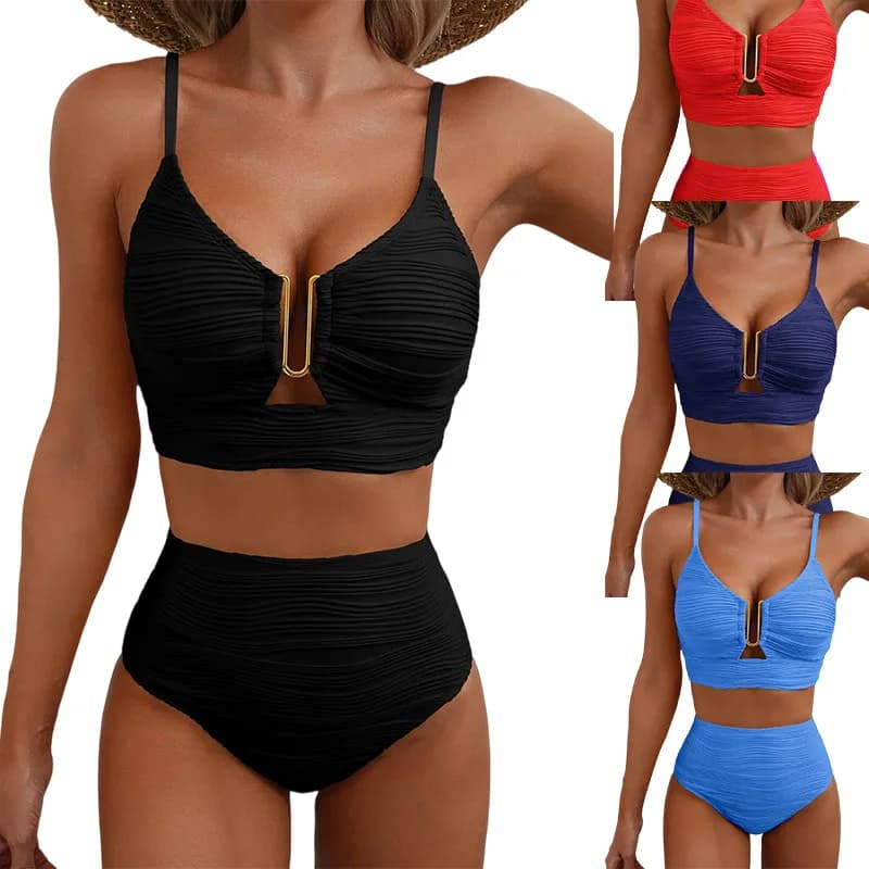 Solid Color Women's Fashionable Elegant Split Style Hollow Personality Swimsuit Chest Cushion No Steel Support Bikini