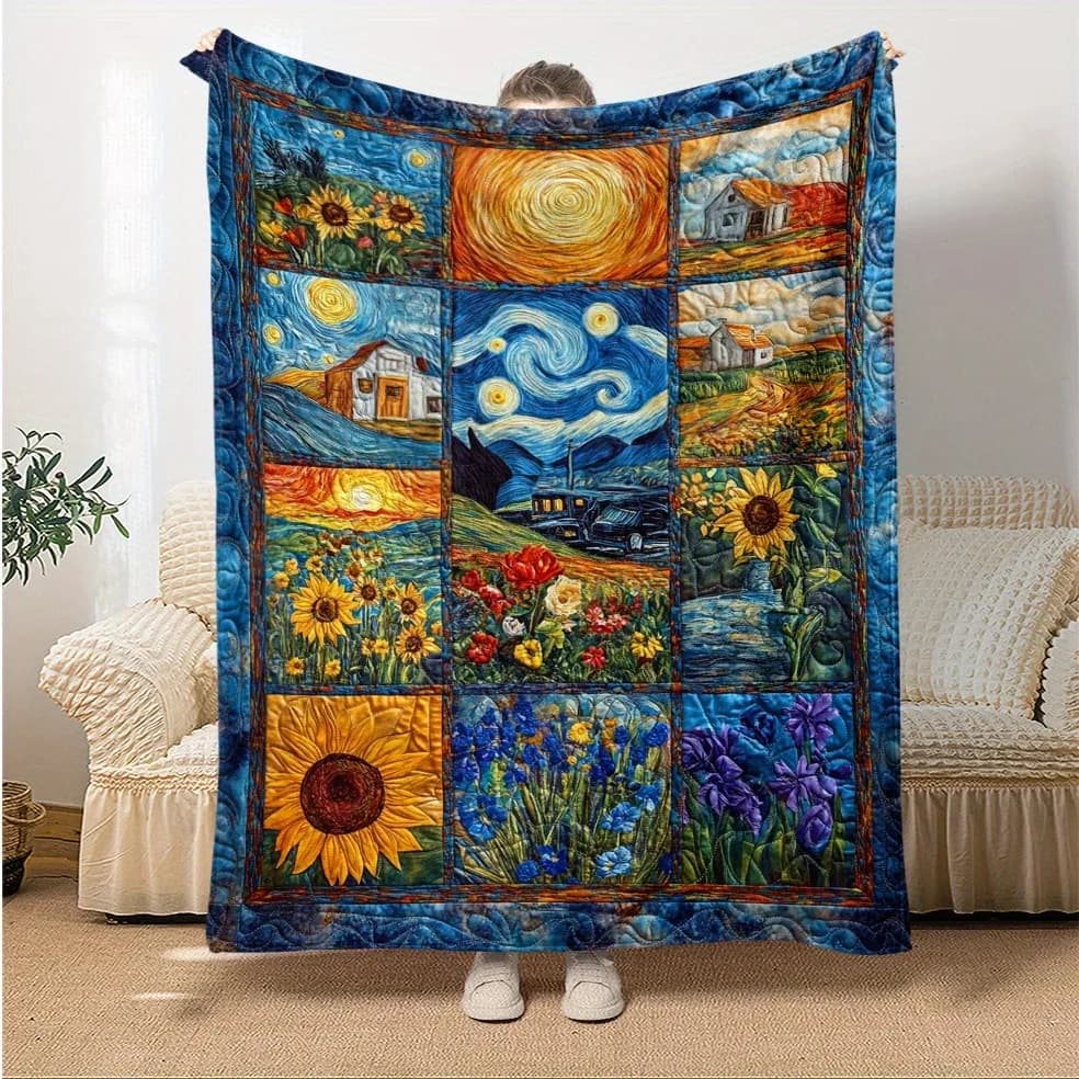 Coperta in Flanella Oversize Van Gogh, Varie Misure, Stampa 2D Tema Notte Stellata e Girasoli, Tessuto in Flanella per Casa, Viaggi e Campeggio