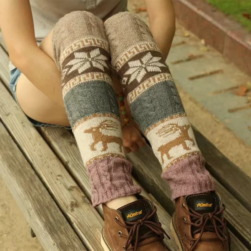 Scaldamuscoli da donna all'uncinetto con copertura lunga in maglia invernale sopra il ginocchio Legging scaldamuscoli natalizi a righe calde Pierna Mujer