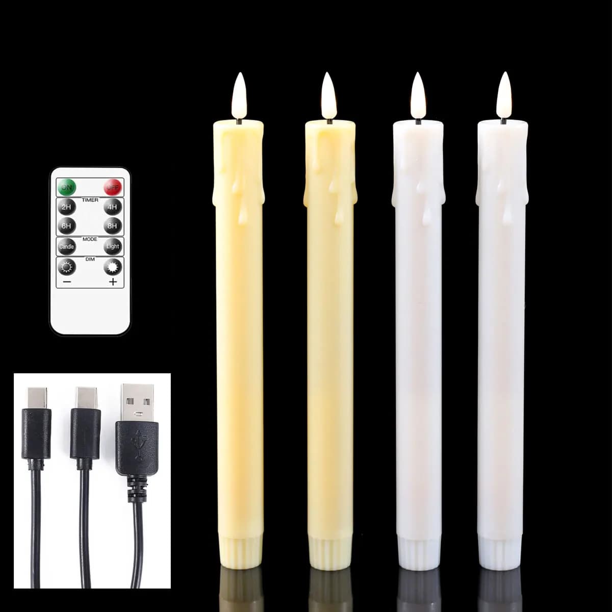 Candele coniche decorative per Capodanno a LED a distanza da 10 pollici senza fiamma da 2 o 4 pezzi Carica USB, candela ricaricabile in plastica bianca calda