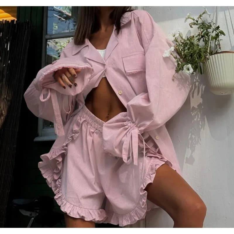 Fashion Casual Suit Women's New Cotton Lapel Flared Sleeve Pocket Cardigan Top Ruffle Shorts Two-piece Set