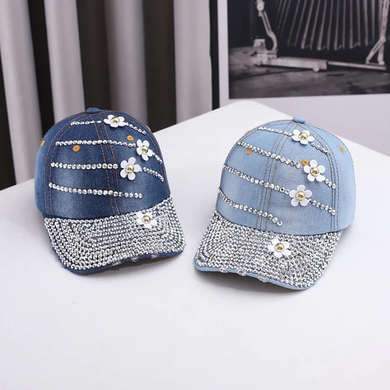 Women's Distressed Denim Baseball Cap Rhinestone Inlaid Fashion Trendy Peaked Cap Outdoor Sun Protection Hat In Stock