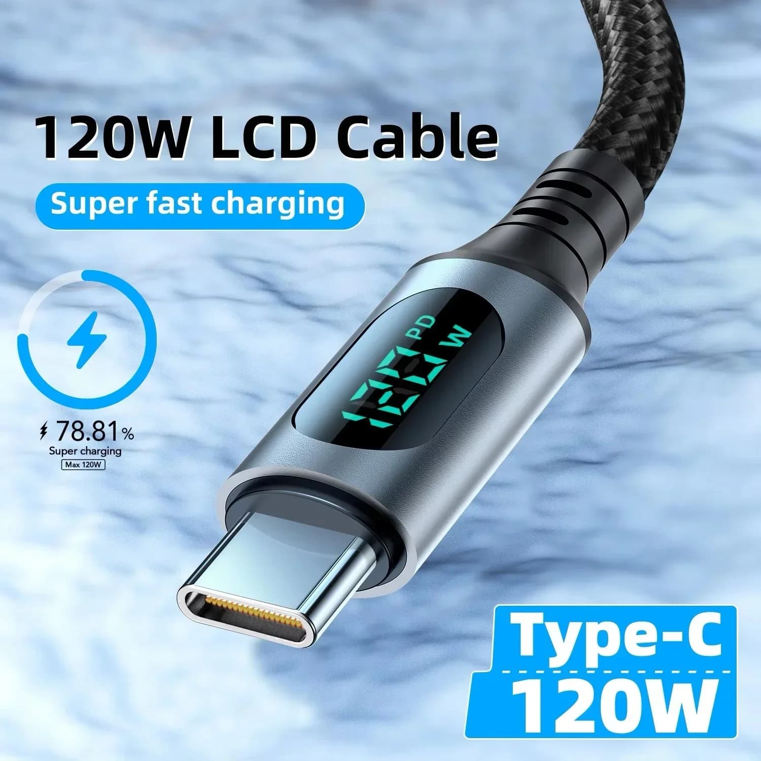 Cavo 6A 120W Ultra-Super Veloce per Ricarica Rapida, Cavo Dati USB A Tipo C in Nylon con Display Digitale a LED per Xiaomi Redmi Samsung