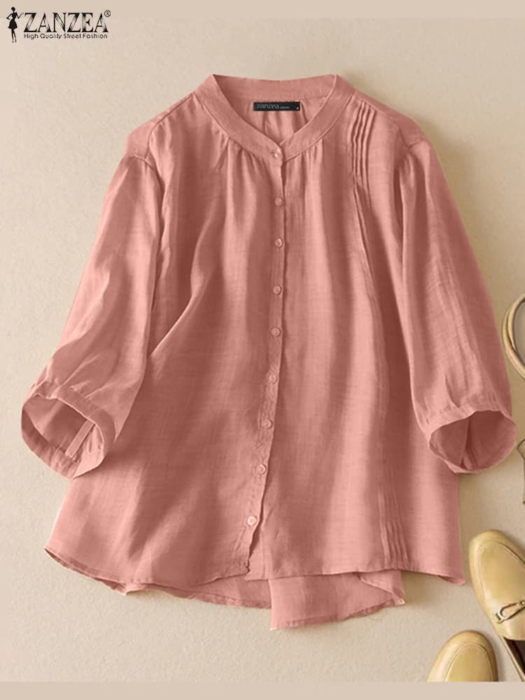 ZANZEA Camicia da donna vintage Casual Manica 3/4 Camicetta solida 2025 Estate Casual Bottoni Imbottiture Blusas Mujer Vacanza allentata Top Tunica