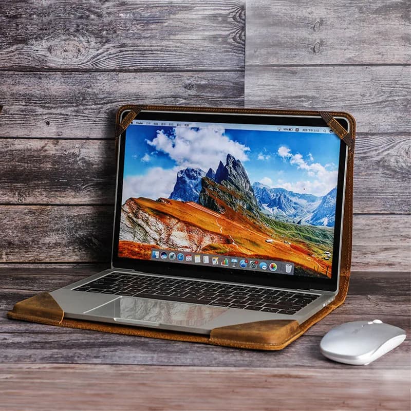 Custodia Protettiva per Laptop in Vera Pelle Crazy Horse Marrone, con Supporto Integrato, per MacBook e Laptop, Borsa da Viaggio e Lavoro