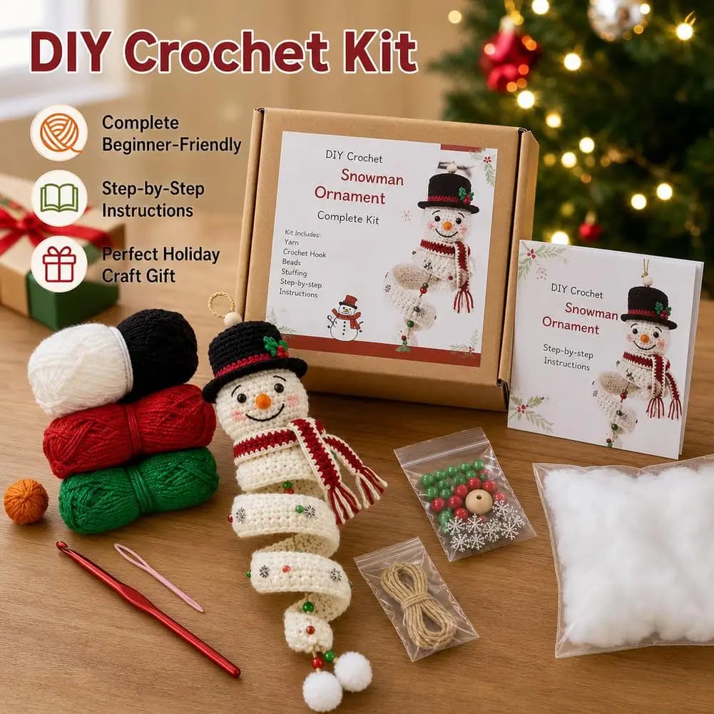 DIY Crochet Snowman Spiral Ornament Kit Handmade Christmas Crochet Craft Set with Yarn & Crochet Hook Xmas Tree Hanging Decor