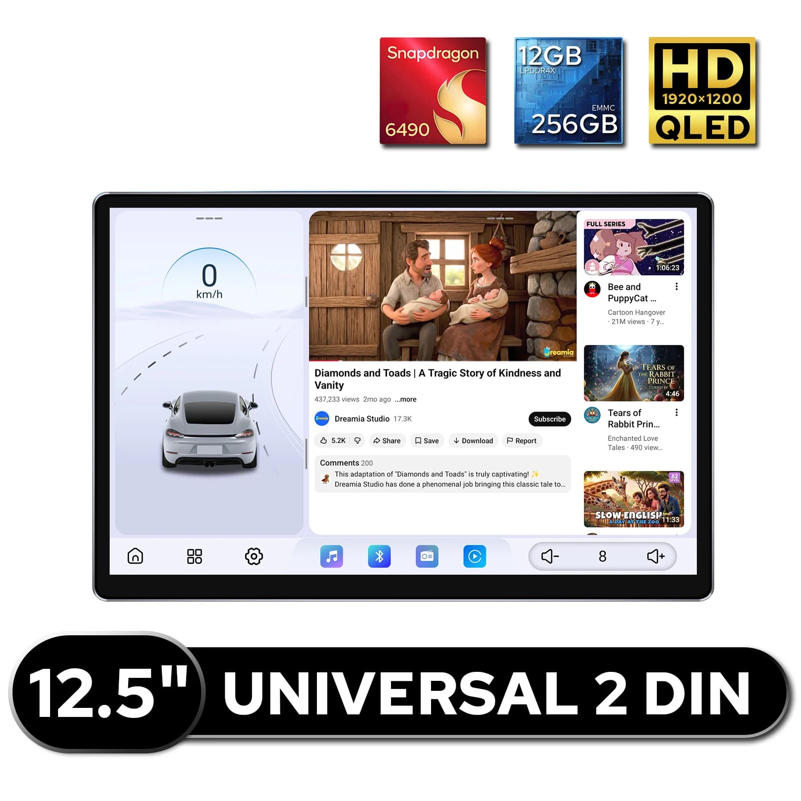 Autoradio 12+256GB con schermo QLED da 12,5 pollici 1920*1200, doppio DIN, sistema di navigazione GPS con USB Type-C 360 ° Radio con Porta per Telecamera