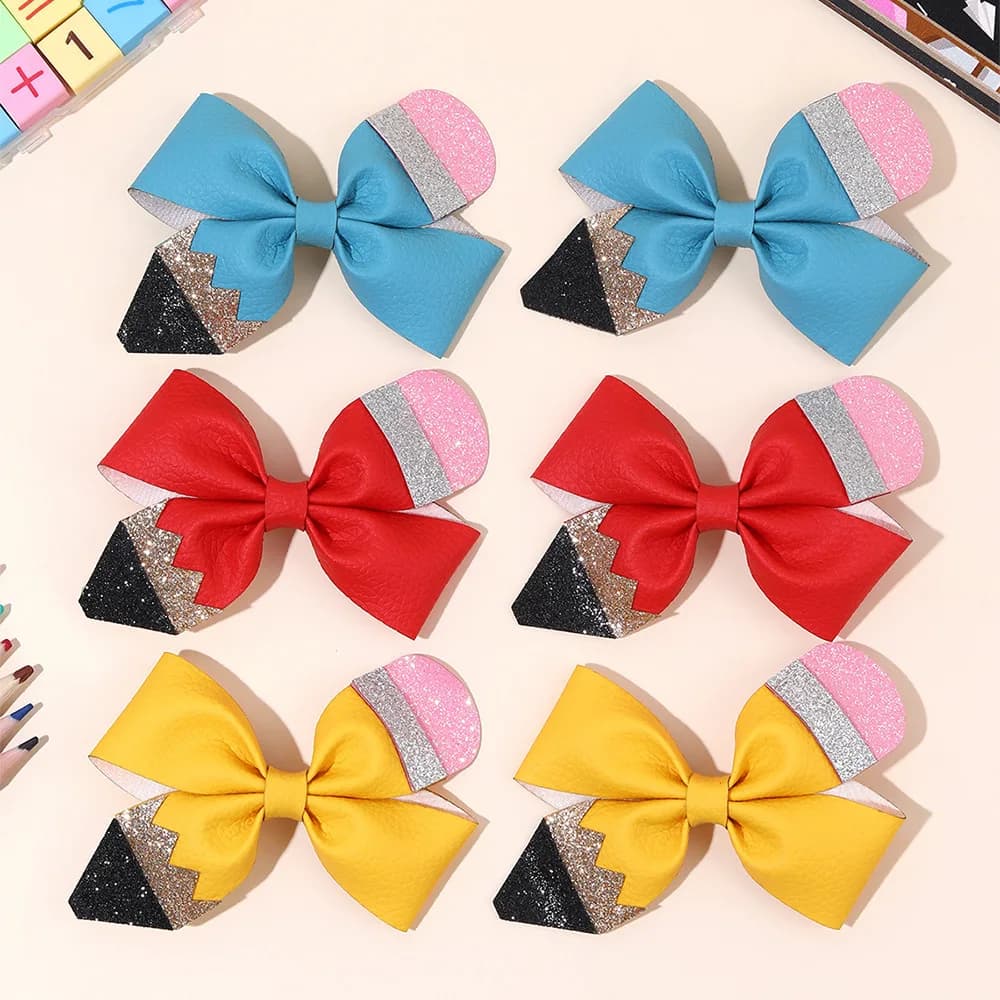 36 fermagli per capelli in pelle PU per ragazze, con motivo a pastelli, fiocchi e stampa a matita, accessori per capelli per il ritorno a scuola