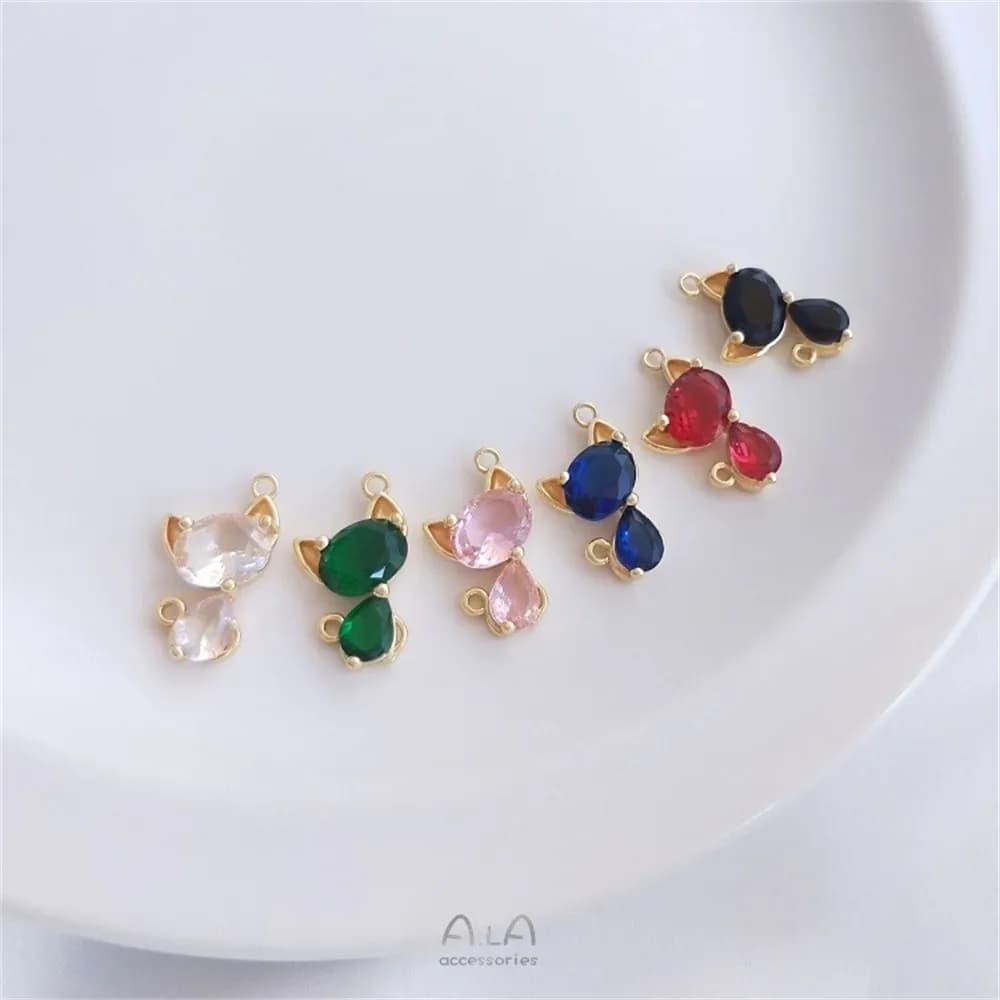 14K Gold Cat Pendant with Double Hanging Cute Cat Charms Pendant DIY Bracelet Necklace Jewelry K406
