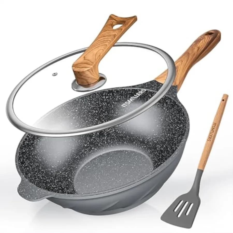Wok antiaderente e padella per stir-fry da 12,5 pollici con spatola, in alluminio pressofuso, resistente ai graffi, wok sano con coperchio autoportante