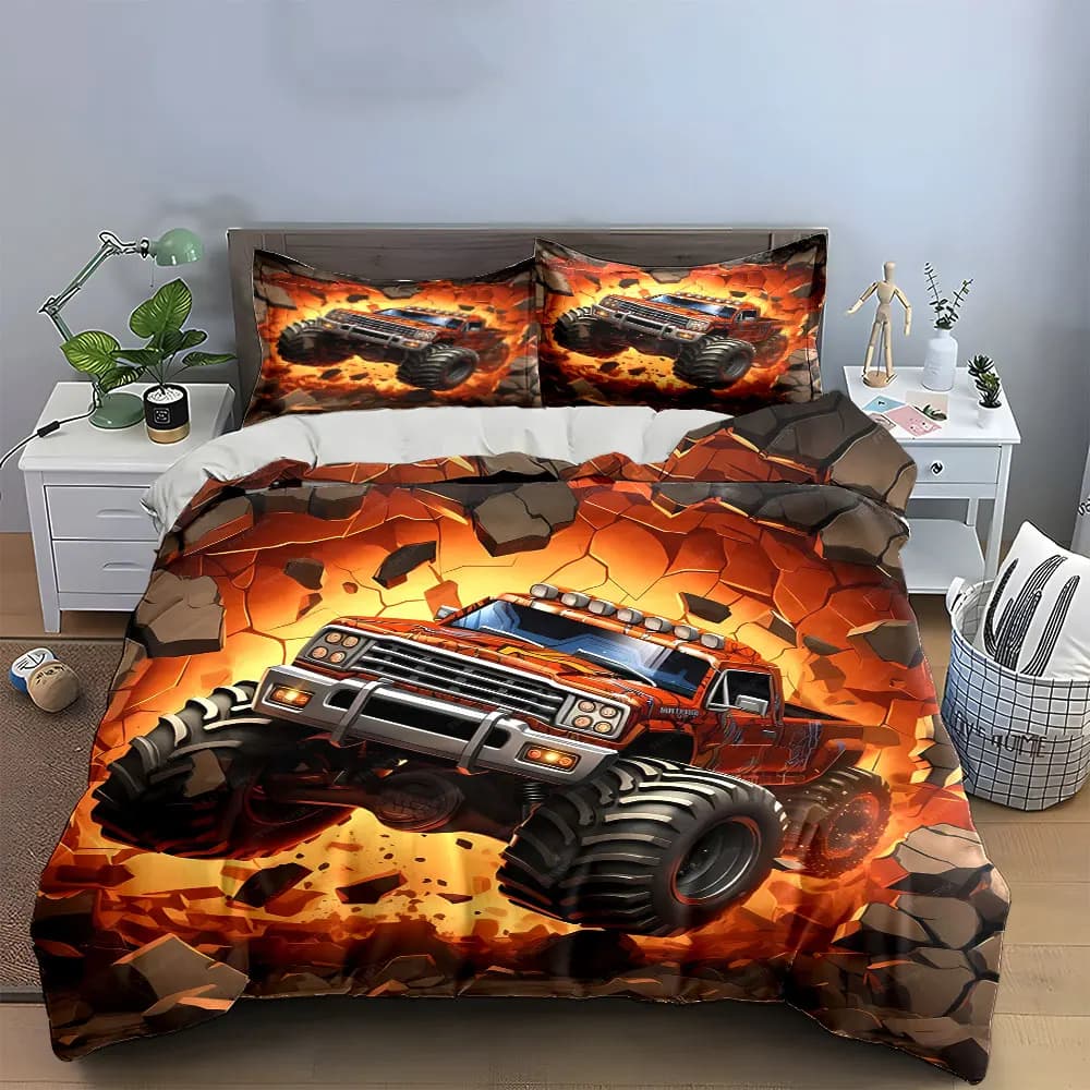 Set di biancheria da letto in tre pezzi Monster Truck, morbido e delicato sulla pelle, include 1 copripiumino e 2 federe, idea regalo