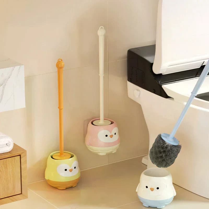Cute Cartoon Toilet Brush with Base No-Drill Wall-Mounted Long-Handled Bathroom Design for All Angles