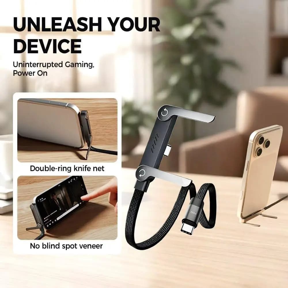 Caricabatterie per Telefono 2 in 1 con Supporto Invisibile, Cavo di Ricarica Rapida 240W con Supporto Telefono Integrato