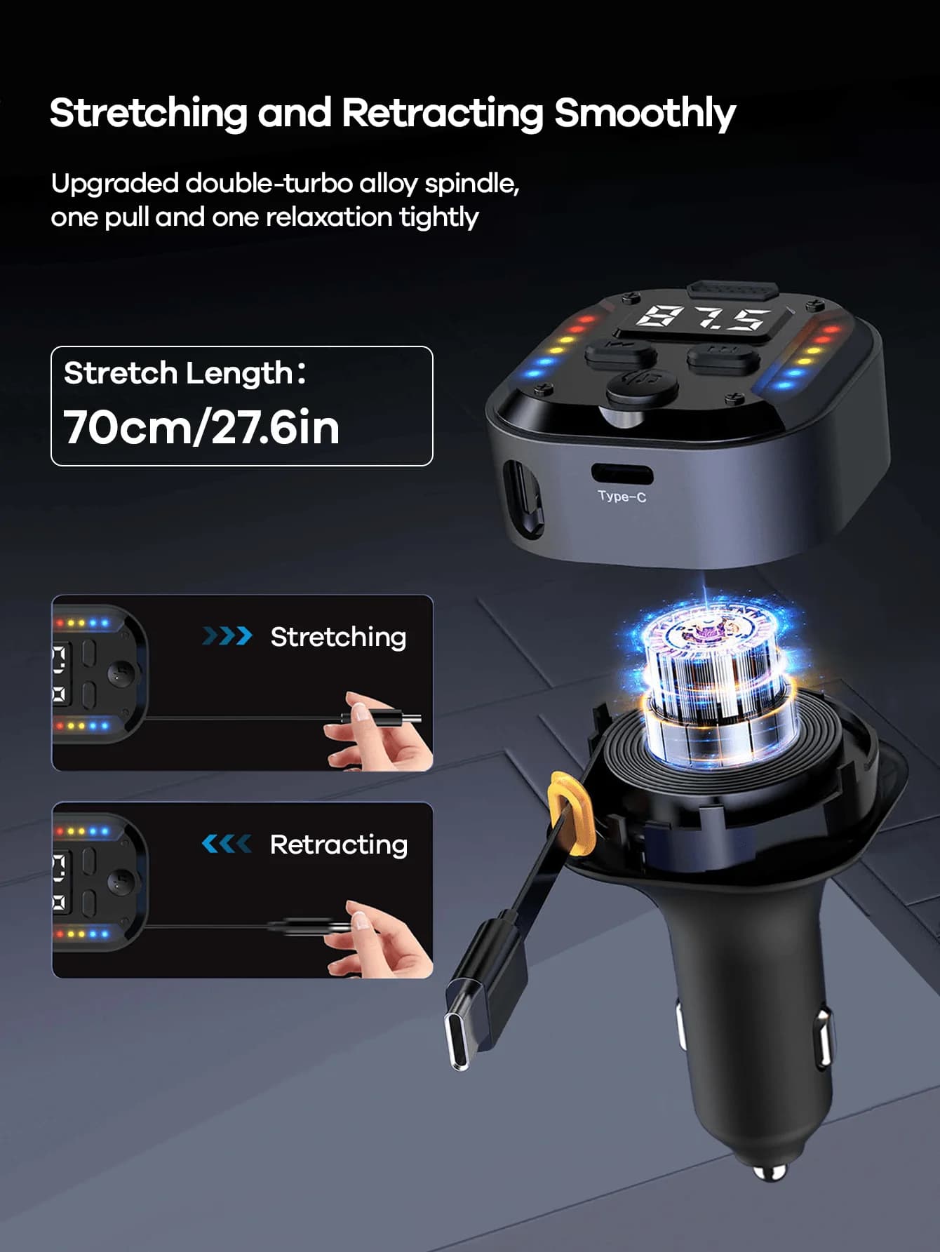 Adattatore Bluetooth USB C per Auto con Cavo Retrattile, Trasmettitore FM, Caricatore Rapido PD 30W, Chiamate in Vivavoce, Display LED