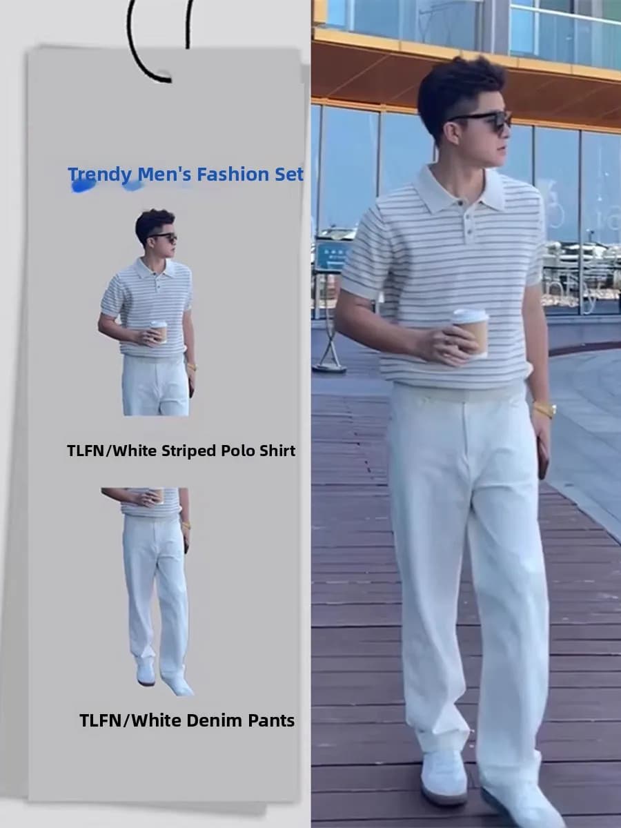 Completo Estivo da Uomo in Seta Ghiaccio a Righe: Camicia Leggera a Maniche Corte in Maglia e Jeans Bianchi a Gamba Dritta