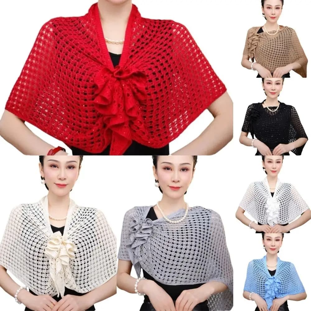 Cardigan Scintillante con Design Traforato, Maniche Corte, Chiusura Frontale con Fibbia, Motivo Floreale, in Cotone Lavorato a Maglia