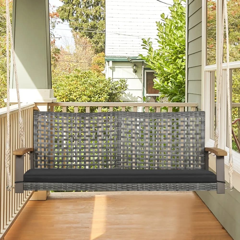Rattan Patio Porch Swing 2-Person Cushioned Swing Chair Bench w/ Hanging Ropes