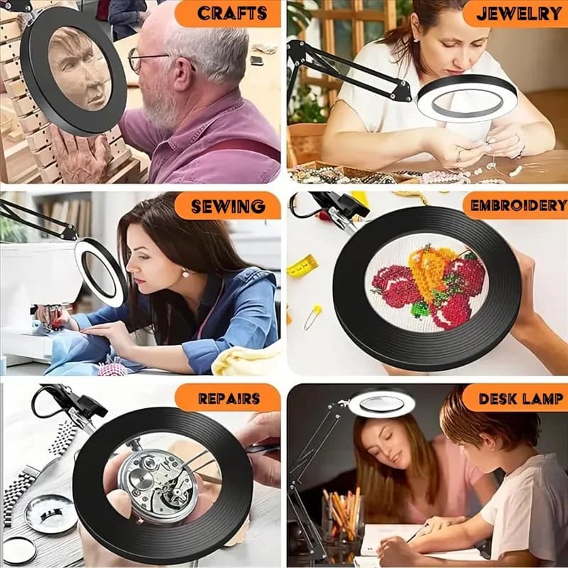 ABKY-8X Magnifying Glass With Light, Table Lamp With Stand And Clamp, 2-In-1 LED Desk Lamp With Magnifier, 3 Color Modes