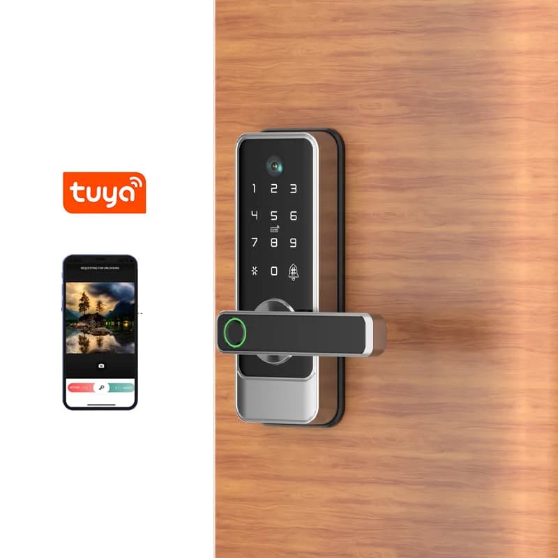Nuova serratura per porta combinata intelligente elettronica digitale Tuya Smart Wifi con telecamera spioncino per impronte digitali, scheda IC, password, sblocco chiave