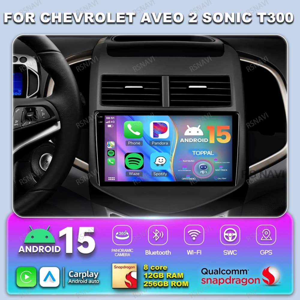 Android 15 Autoradio For Chevrolet Aveo 2 Sonic T300 4G LTE GPS Stereo Viedo Qualcomm Wireless Carplay Auto BT Autoradio