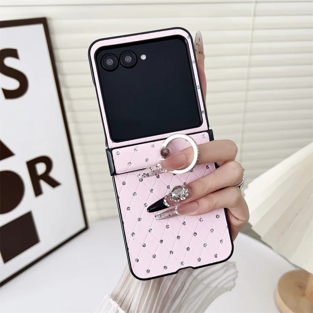 Luxury Bling Glitter Rhombus Lattice Leather Hinge Protection Ring Holder Phone Case for Motorola Razr 40 50 60 70 Ultra Cover