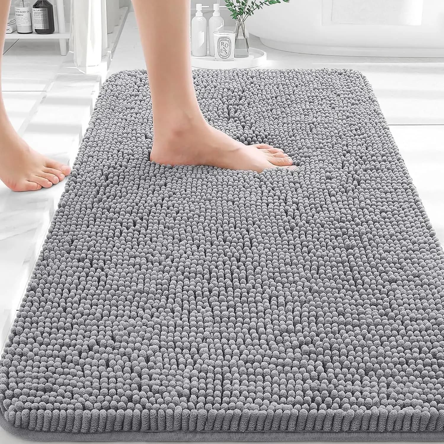 Extra Soft Absorbent Chenille Bathroom Rugs 30x20, Quick Dry Rubber Backing, Machine Washable Bath Mat for Floor, Tub, Shower, Grey