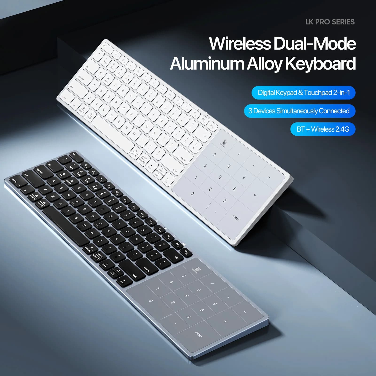 Tastiera digitale 2 in 1 touch wireless Bluetooth 2.4G in lega di alluminio con dispositivo portatile iOS iPad Android Windows Mac compatibile