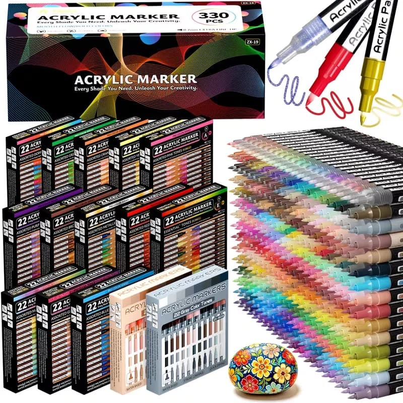 FLYSEA 330Pcs Premium Pigment Acrylic Marker Set, 0.7mm Ultra-Fine Tip, Smooth & Precise Acrylic Paint Pens for Glass, Rock, Ceramic, Wood, Fabric, Scrapbooking, Crafts & Art Projects