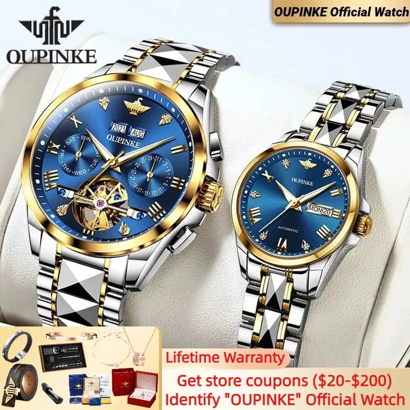 OUPINKE Orologio meccanico per uomo donna cinturino in acciaio al tungsteno impermeabile volano vestito TOP Brand automatico coppia orologi set