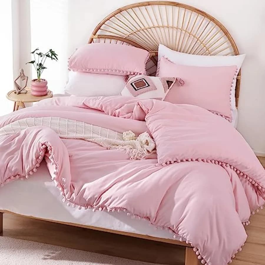 Set Copripiumino - Set Copripiumino con Frange a Pompon Morbido per Tutte le Stagioni - 3 Pezzi: 1 Copripiumino 90"x90" e 2