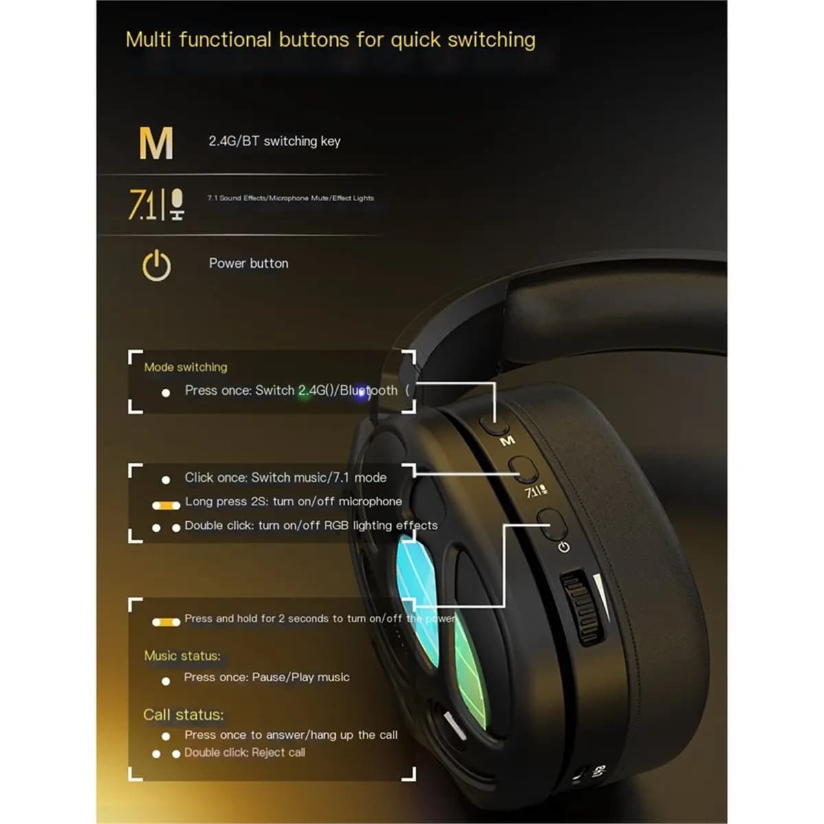 AA1355 Superior Gamwing Hi8 RGB Gaming Headset with Mic over-Ear Headphones 7.1 Surround Sound PC for PC Gaming 4 EQ A