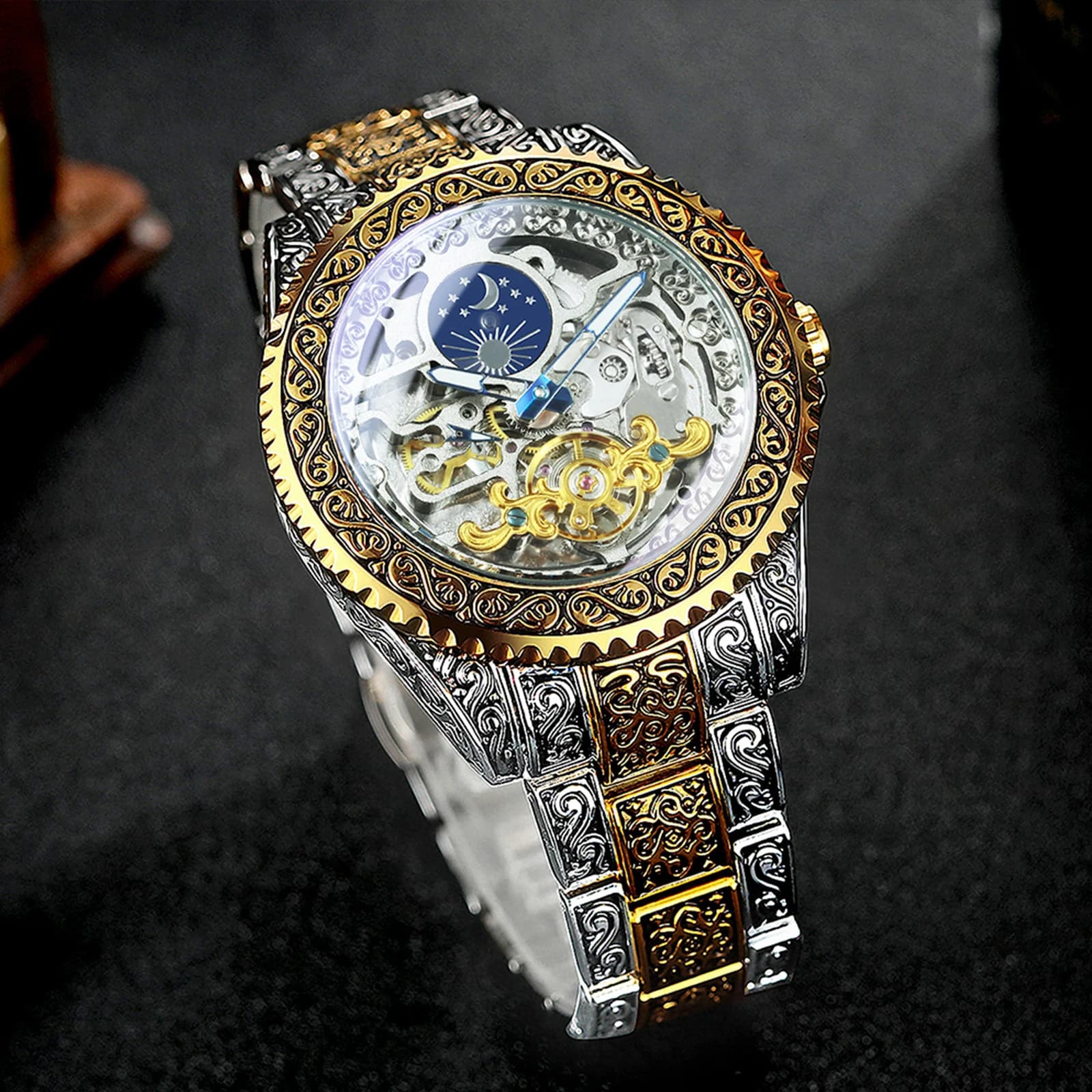 Men's Vintage Tourbillon Men's Watch with Moon Phases, Stainless Steel Strap Engraved, Fashion Automatic Men's Watch