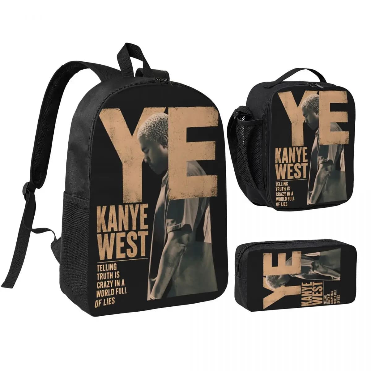 3Pcs Kanye West Live At Gelredome 2026 Backpack Set for Boy Girl Pencil Boxes Bookbag Sets with Lunch Box For Students Knapsack
