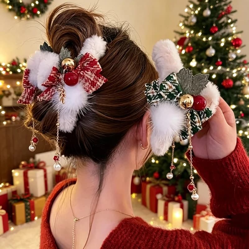 2pcs Christmas Faux Fur Hair Claw Clips Plaid Bow Xmas Bead Tassel Large Hair Jaw Clip Cute Fluffy Winter Holiday Hair Barrettes