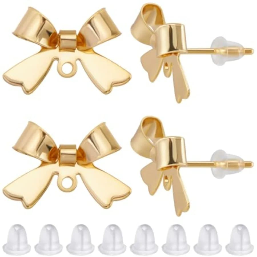 1 Box 30Pcs Bow Stud Earrings Findings 18K Plated Brass Bowknot Posts Earring Findings with Loop for Dangle Earring Jewelry Mak