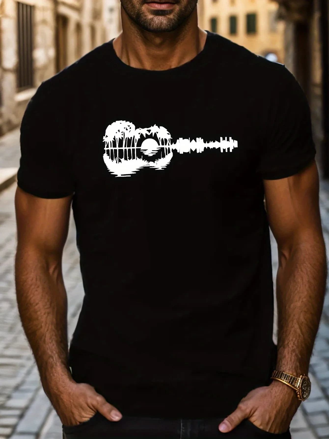 T-shirt casual comoda a maniche corte con stampa chitarra Top Pick da uomo