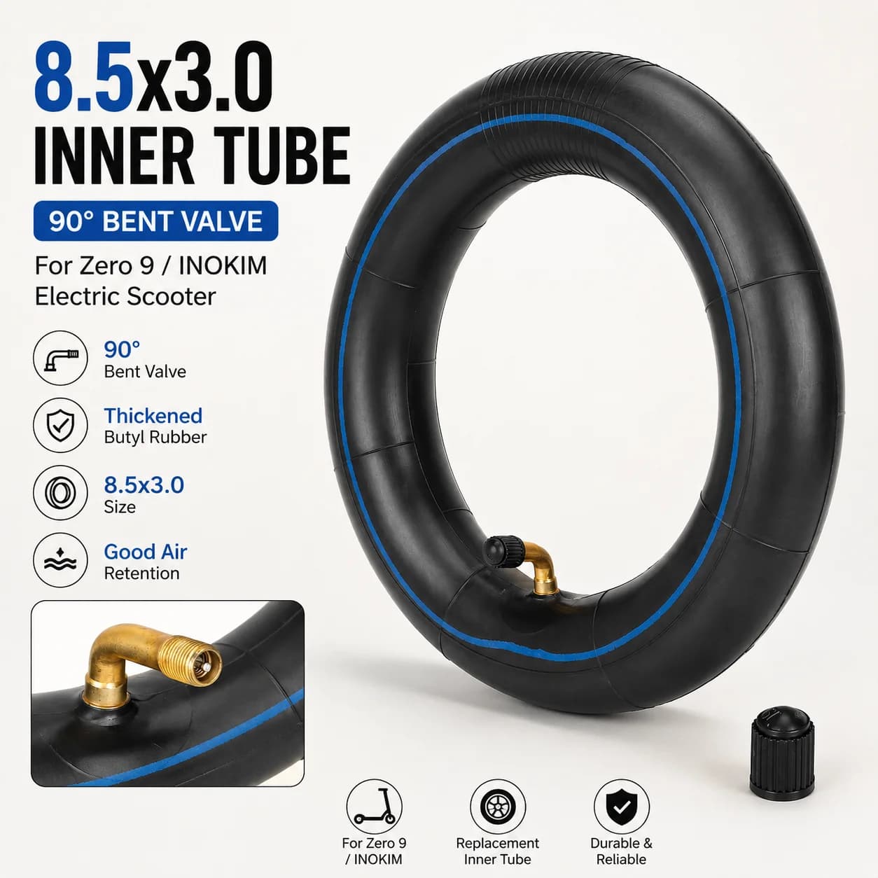 8.5x3.0 Inner Tube with 90 Degree Bent Valve for Zero 9 Inokim Electric Scooter Blue Stripe Replacement Tyre Tube Part