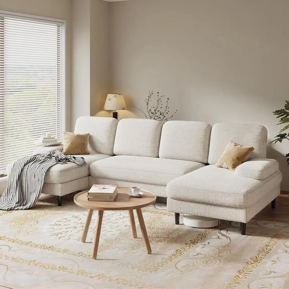 Divani Componibili per Soggiorno, Divano Sagomato con Doppia Chaise Longue, Divano a 4 Posti in Tessuto Chenille con Cuscini Rimovibili